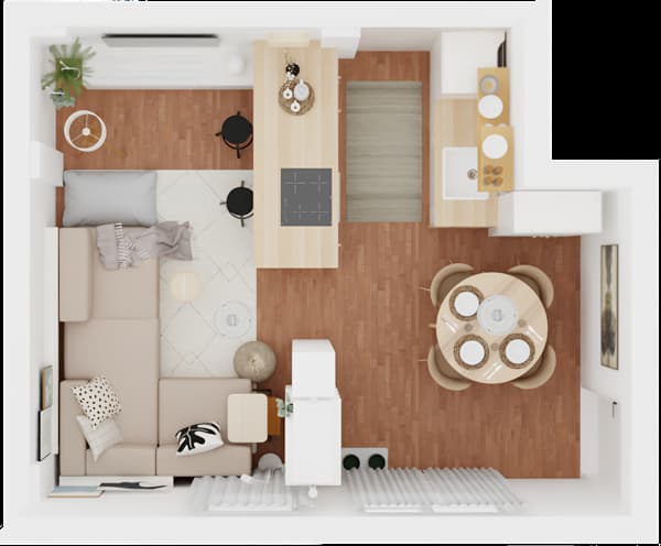 Tlocrt moderno uređenog prostora s kutnom garniturom, stolićem i biljkom u dnevnom boravku, kuhinjom s otokom i ormarićima te blagovaonicom s okruglim stolom i četiri stolice.