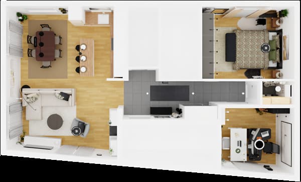 Tlocrt stana prikazuje dnevni boravak, blagovaonicu, kuhinju s otokom, spavaću sobu s bračnim krevetom i radnu sobu s računalom. Drveni podovi, pločice u kuhinji.