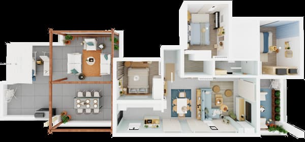 Tlocrt stana s dnevnim boravkom, kuhinjom, blagovaonicom, dvije spavaće sobe, kupaonicom i terasom; terasa ima stol, sobe krevete i ormare, a kuhinja aparate.