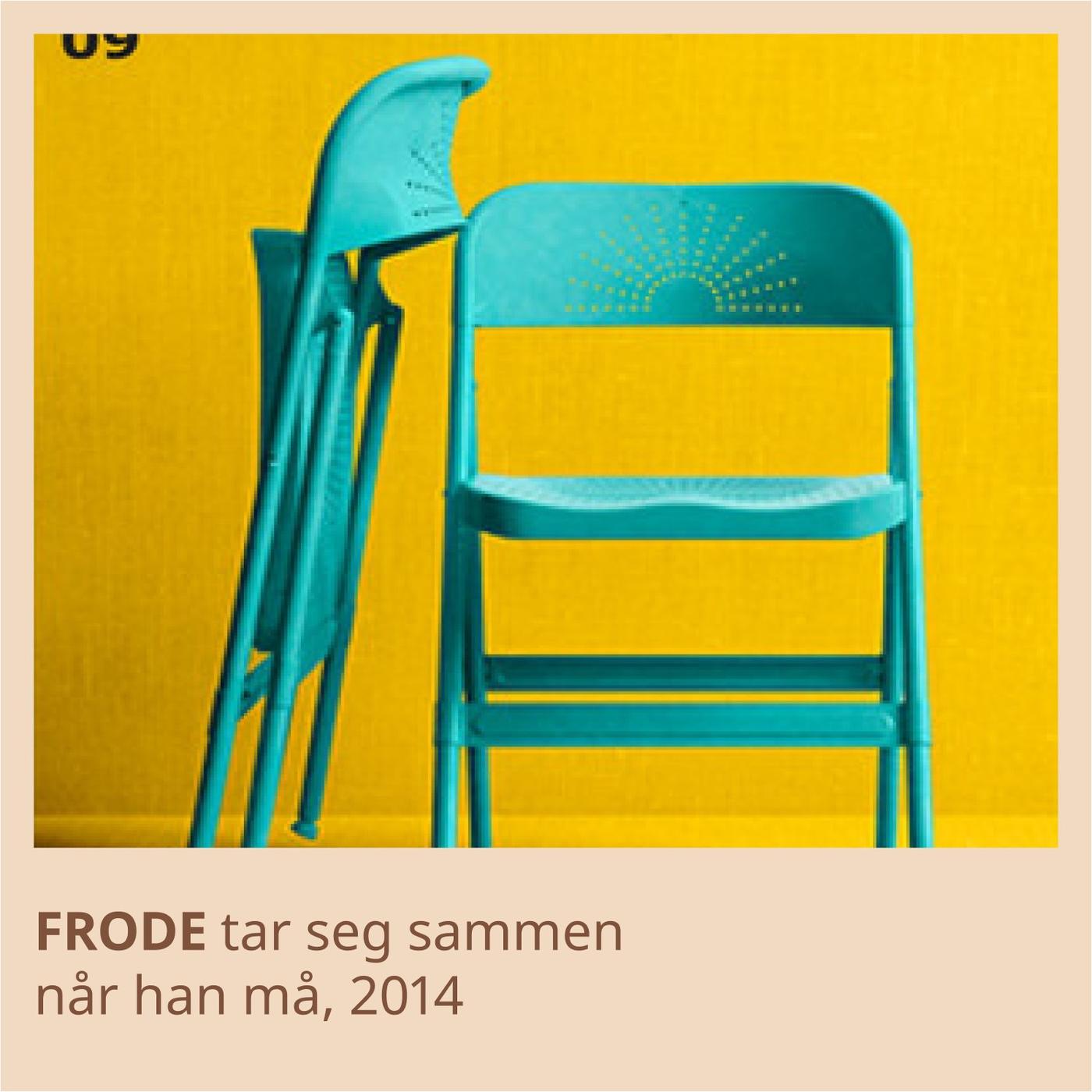 To turkise stoler med navn Frode på en gul bakgrunn.