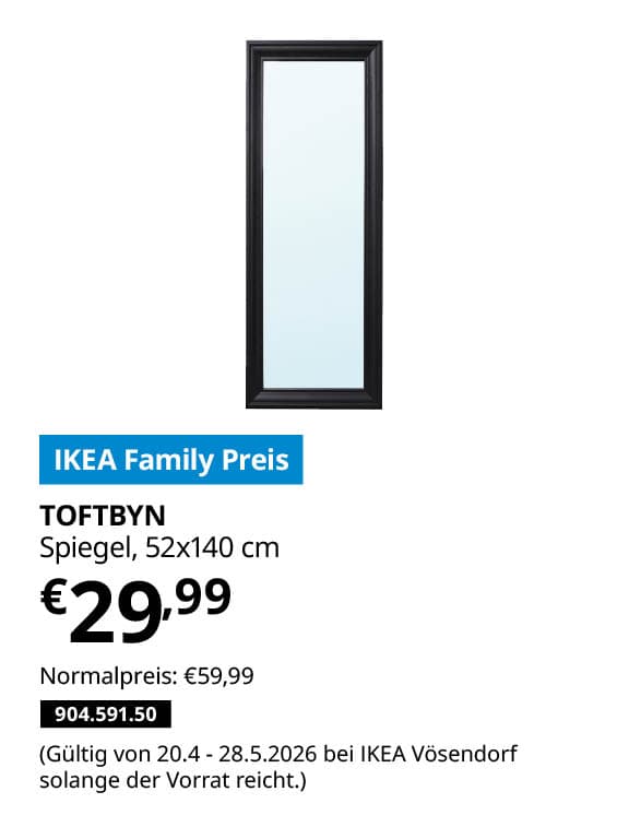 TOFTBYN Spiegel, schwarz, 52x140 cm statt € 59,99 zum IKEA Family Preis von € 29,99