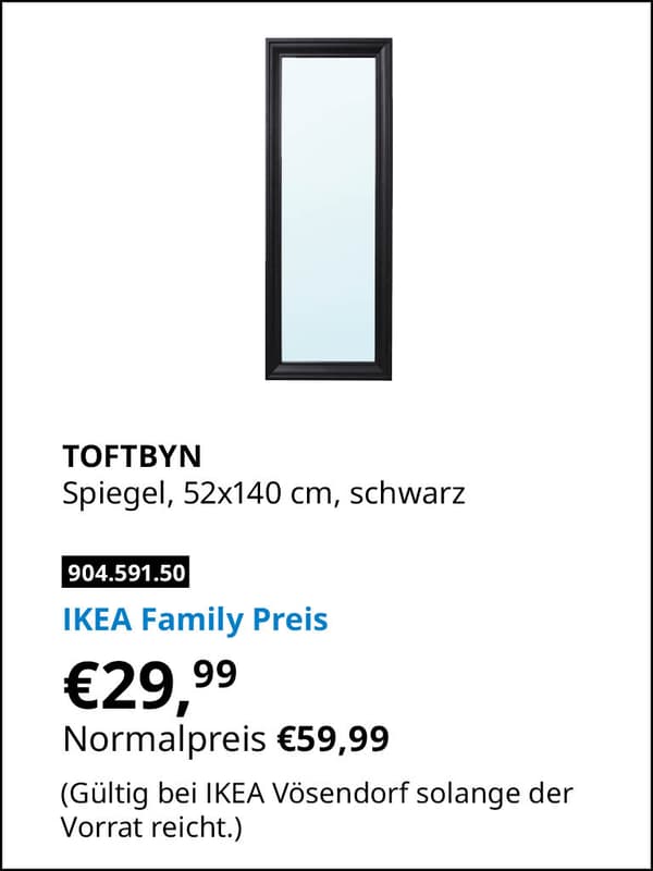 TOFTBYN Spiegel, schwarz, 52x140 cm statt € 59,99 zum IKEA Family Preis von € 29,99
