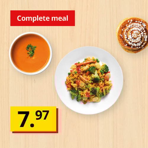 Tomato soup, cinnamon bun and healthy looking plate of rice and vegetables, all for €7.97.