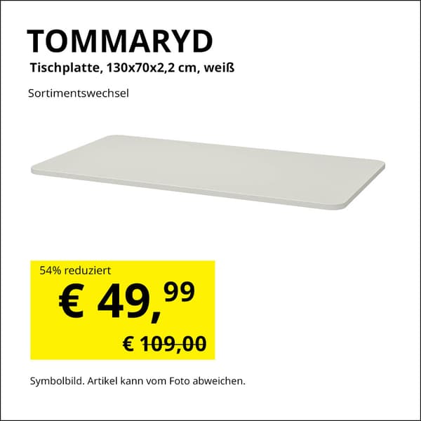 TOMMARYD Tischplatte 130x70x2,2 cm, weiß um € 49,99 statt € 109,00 (Sortimentswechsel)