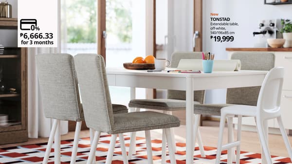 TONSTAD series blends classic design with a graceful matte off-white finish, giving each piece a solid sense of quality. This dining table easily extends from 4 to 6 seats catering to larger gatherings.