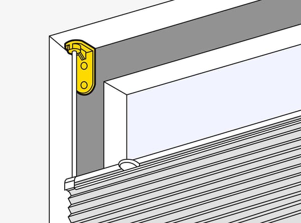 Top-down bottom-up curtains attached to window frames with brackets and screws.