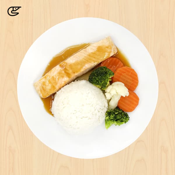 Top-down view of grilled salmon with white rice, broccoli, cauliflower, and carrot slices in brown sauce on a white plate; appetizing meal.