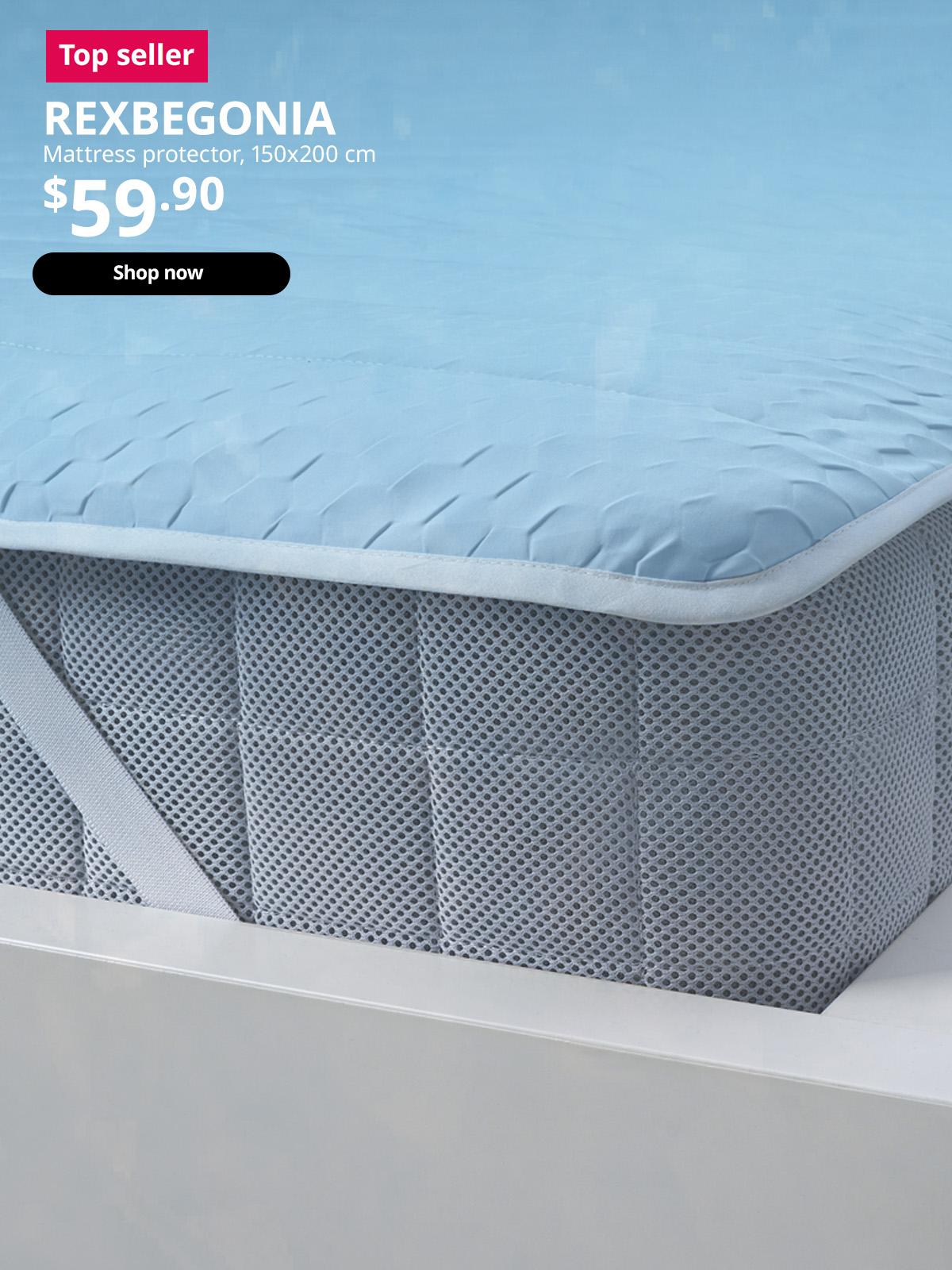 Top seller IKEA product. Blue REXBEGONIA cooling mattress protector, 150x200 cm. Price: $59.90