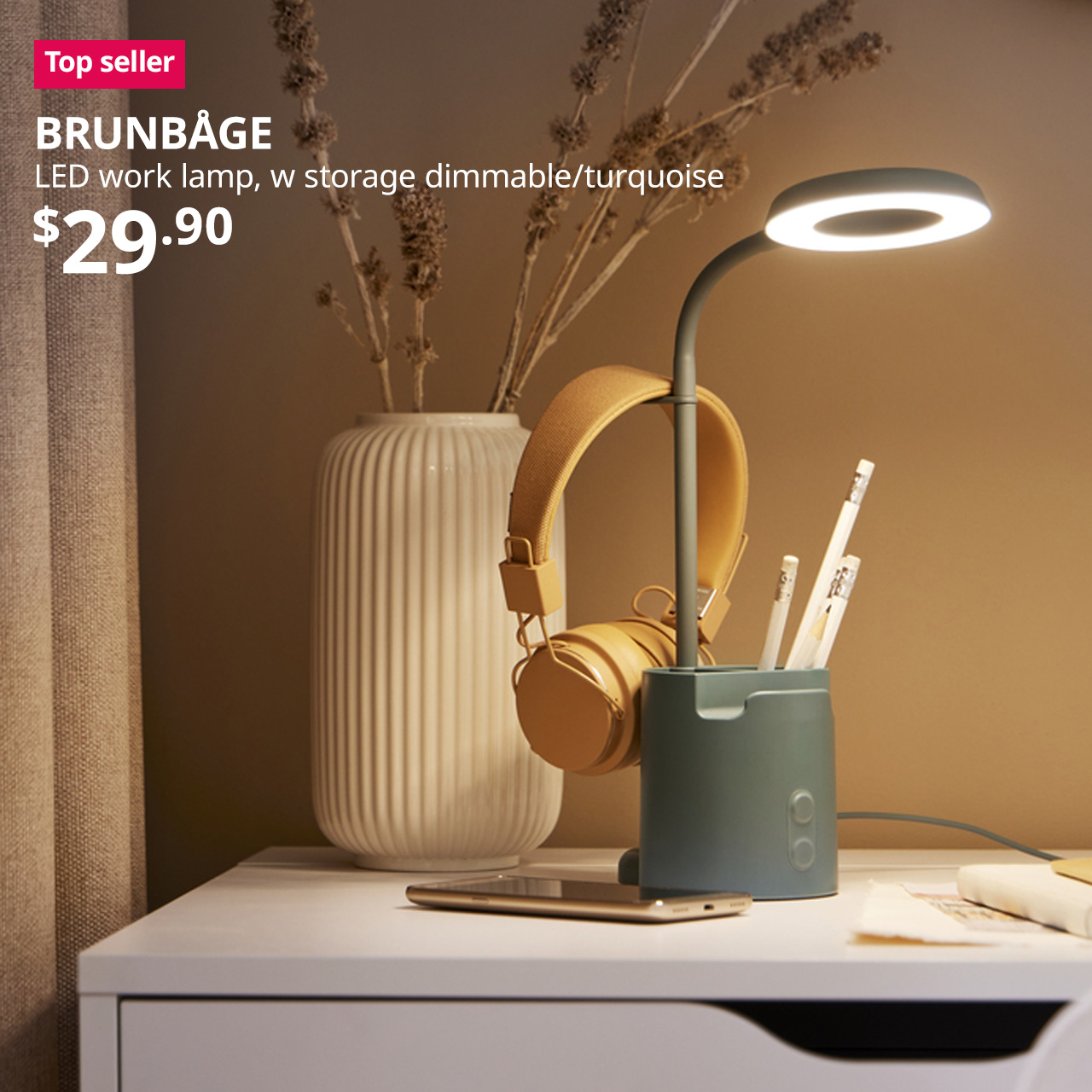 Top seller item. BRUNBÅGE LED work lamp, with storage dimmable/turquoise. $29.90
