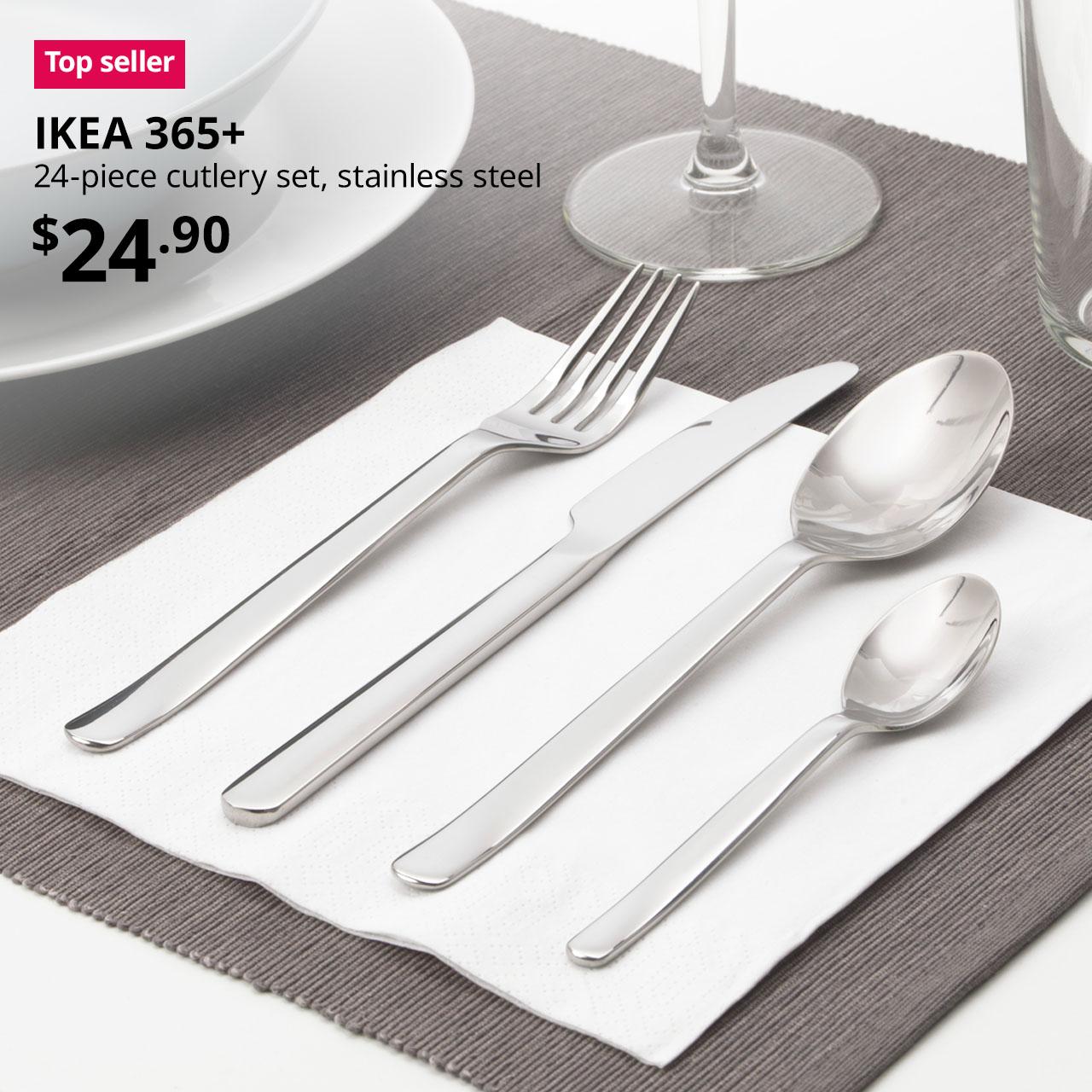 Top seller product. IKEA 365+ 24-piece cutlery set, stainless steel. Price: $24.90