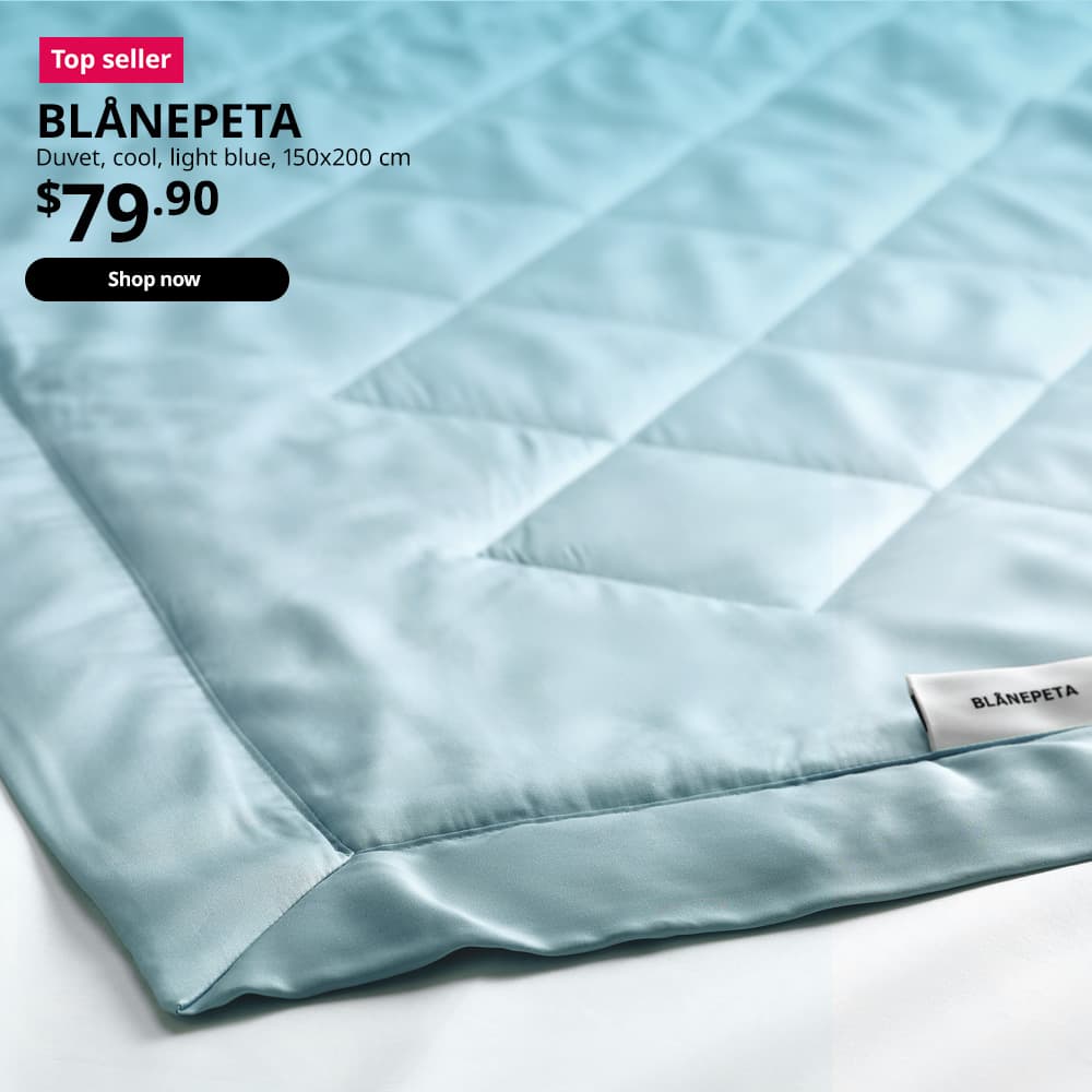 Top seller product in IKEA's cooling range. BLÅNEPETA duvet, cool, light blue, 150x200 cm. Price: $79.90