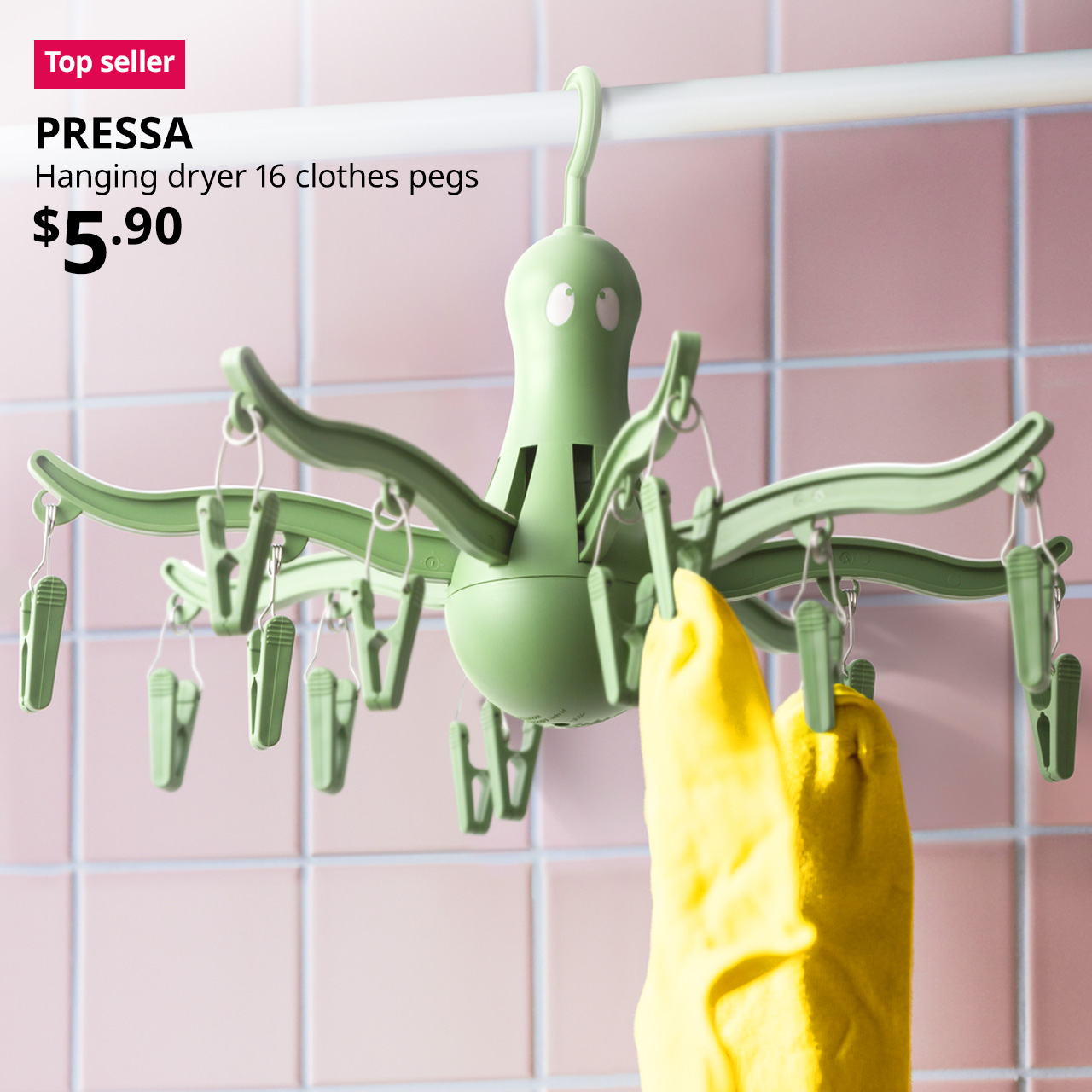 Top seller product. PRESSA Hanging dryer 16 clothes pegs, green in service yard/laundry room.
Price: $5.90.