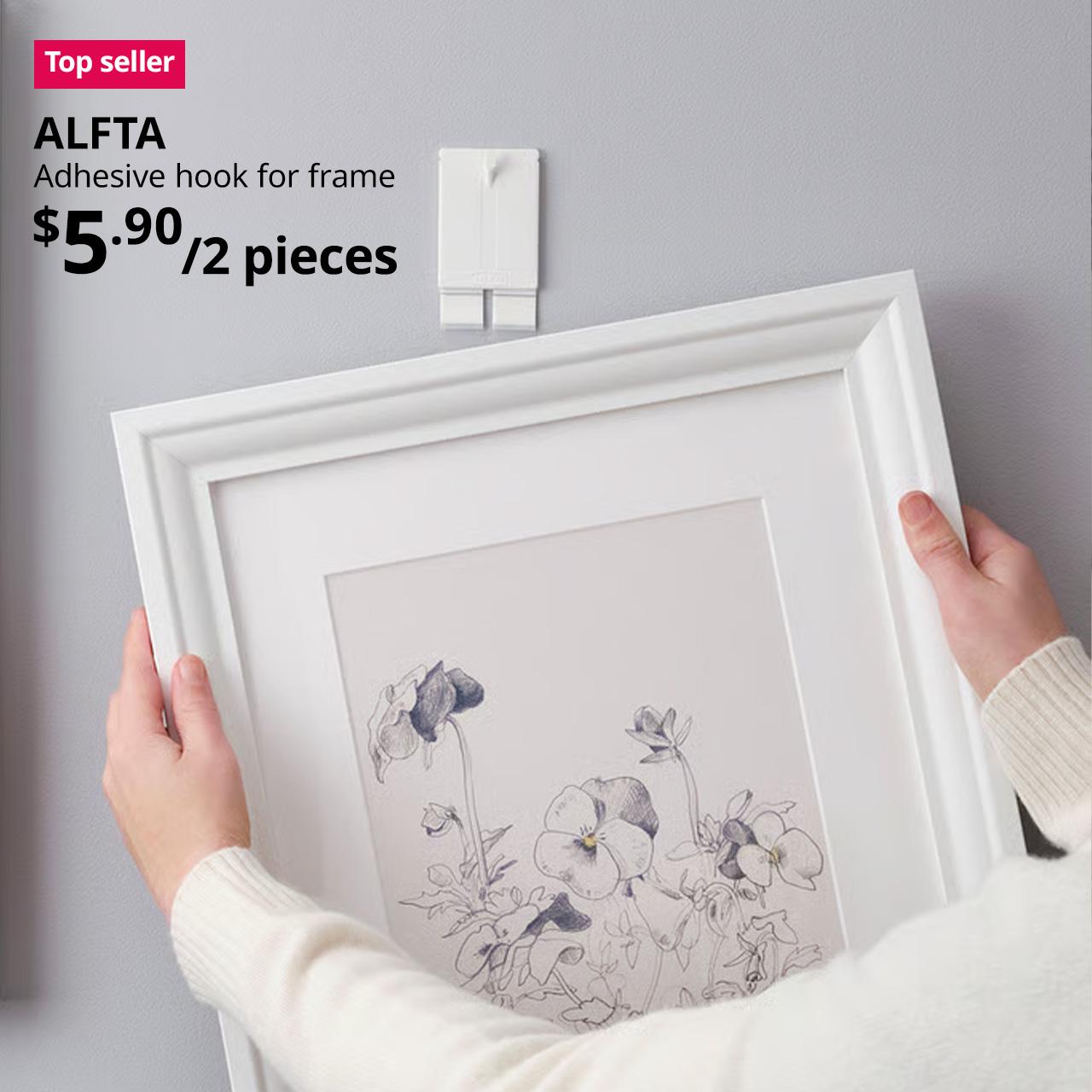Top seller tag. ALFTA adhesive hook for frame, white. $5.90/2 pieces