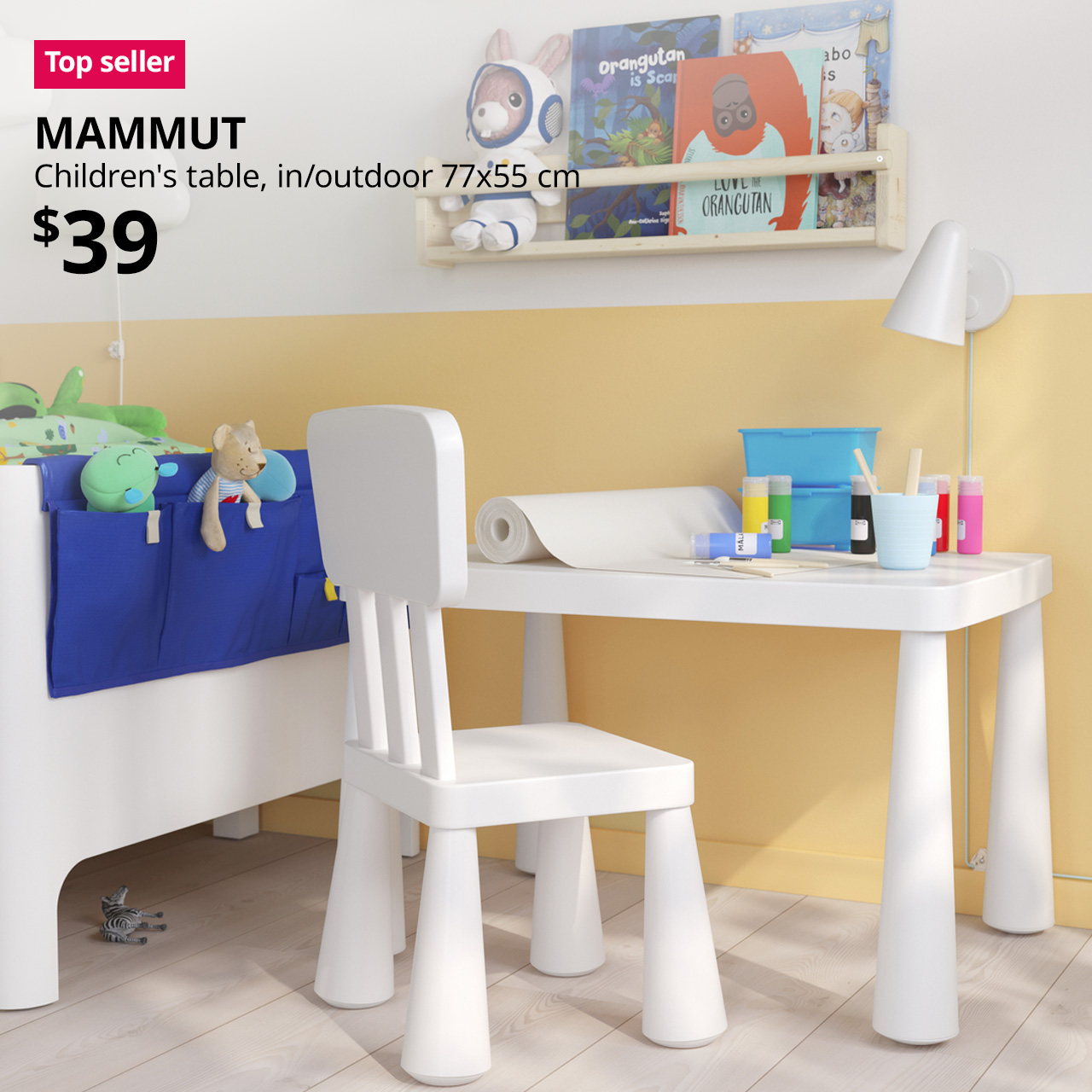 Top seller tag. Children's room featuring white MAMMUT children's table, in/outdoor, 77x55 cm. $39