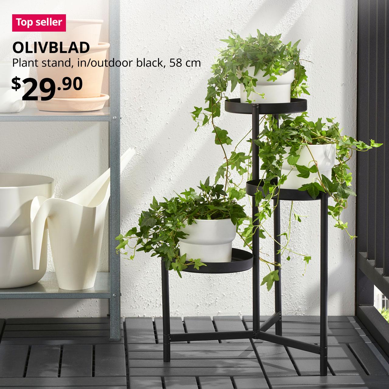 Top seller tag. OLIVBLAD plant stand, in/outdoor black, 58 cm. Price: $29.90