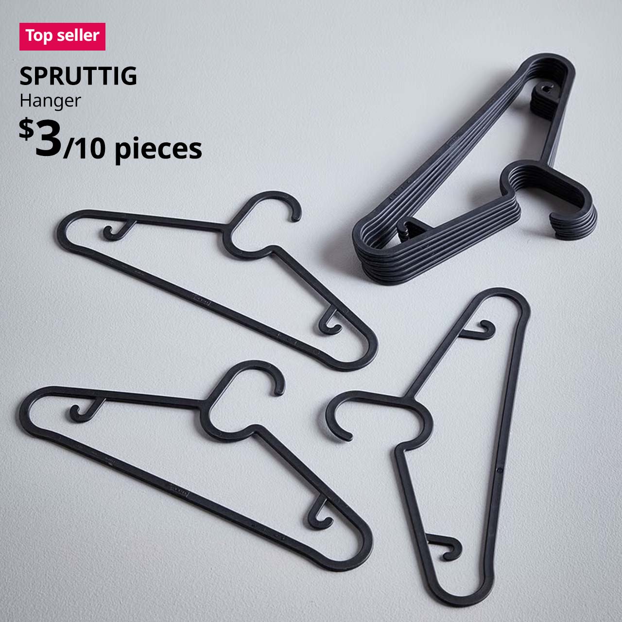 Top seller tag on top left hand corner. SPRUTTIG hanger, black. $3/10 pieces