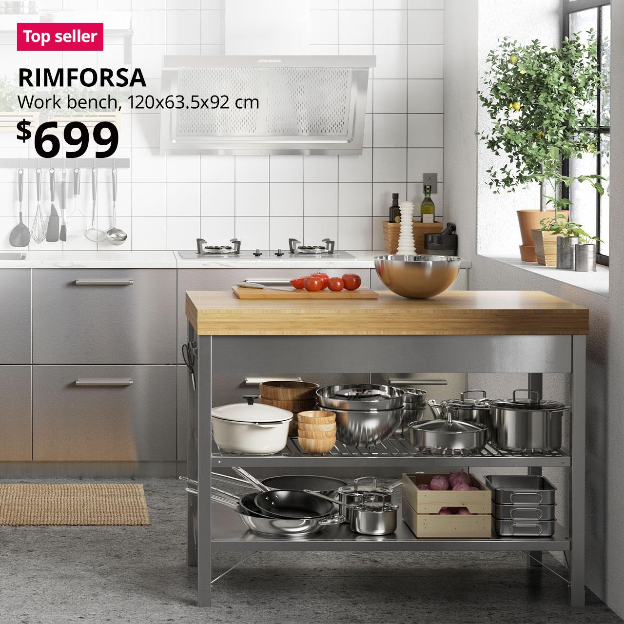 Top seller tag. RIMFORSA Work bench, stainless steel with bamboo worktop, 120x63.5x92 cm in kitchen setting. Price: $699.