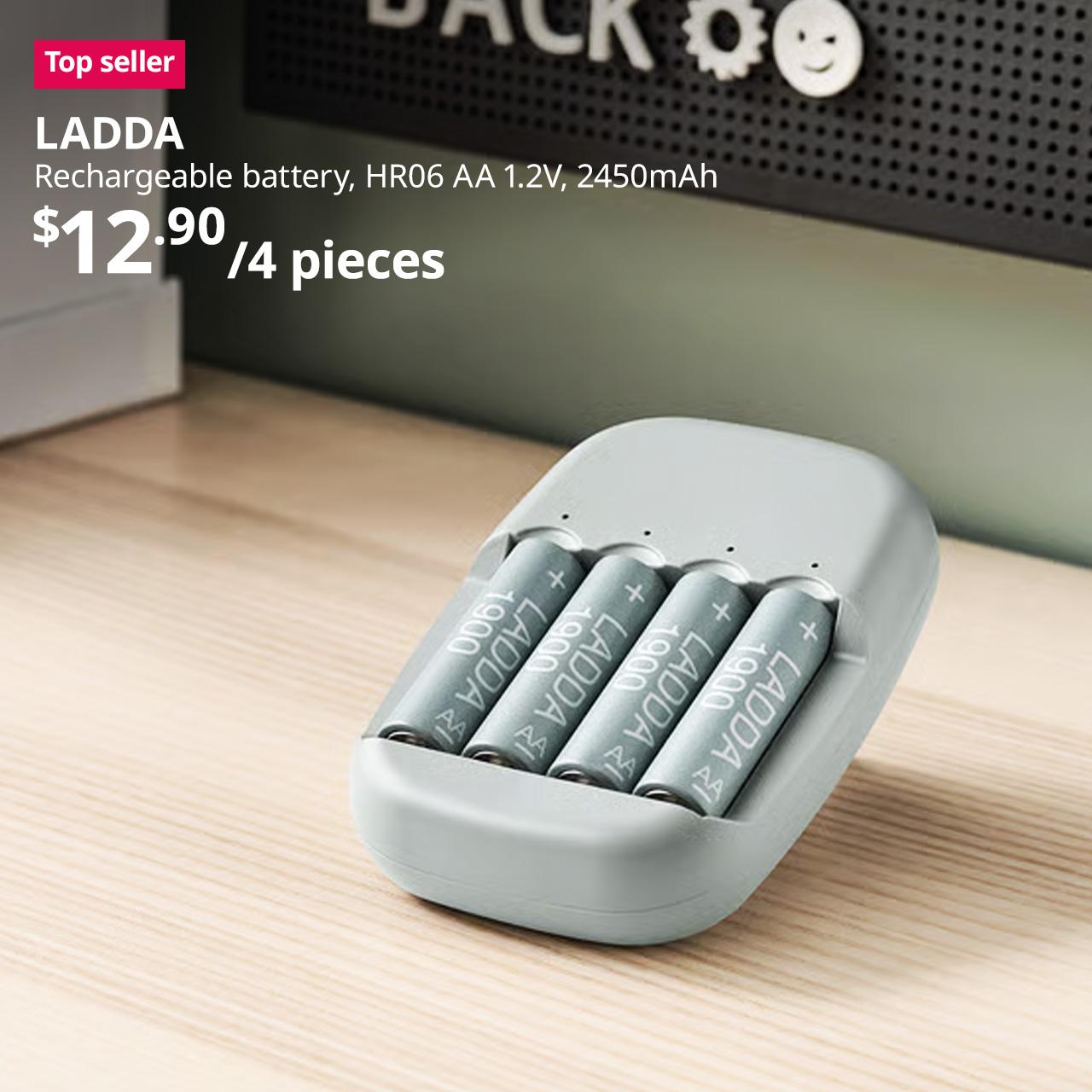 Top seller tag. STENKOL / LADDA battery charger and 4 batteries, $12.90.
