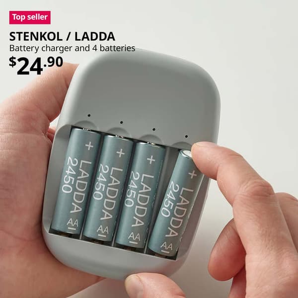 Top seller tag. STENKOL / LADDA battery charger and 4 batteries, $24.90.