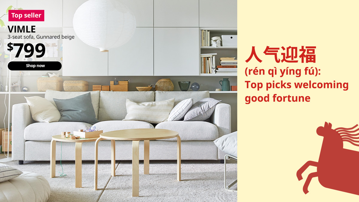 Top seller tag. VIMLE 3-seat sofa, Gunnared beige, in living room. $799