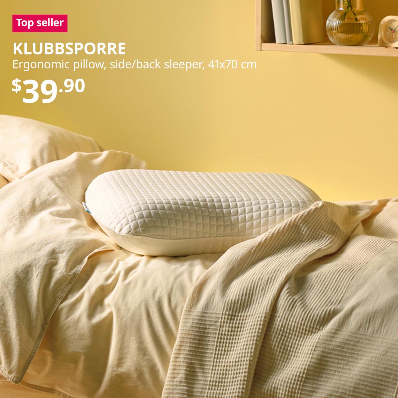 Top selling IKEA product. KLUBBSPORRE ergonomic pillow, side/back sleeper, 41x70 cm. Price: $39.90