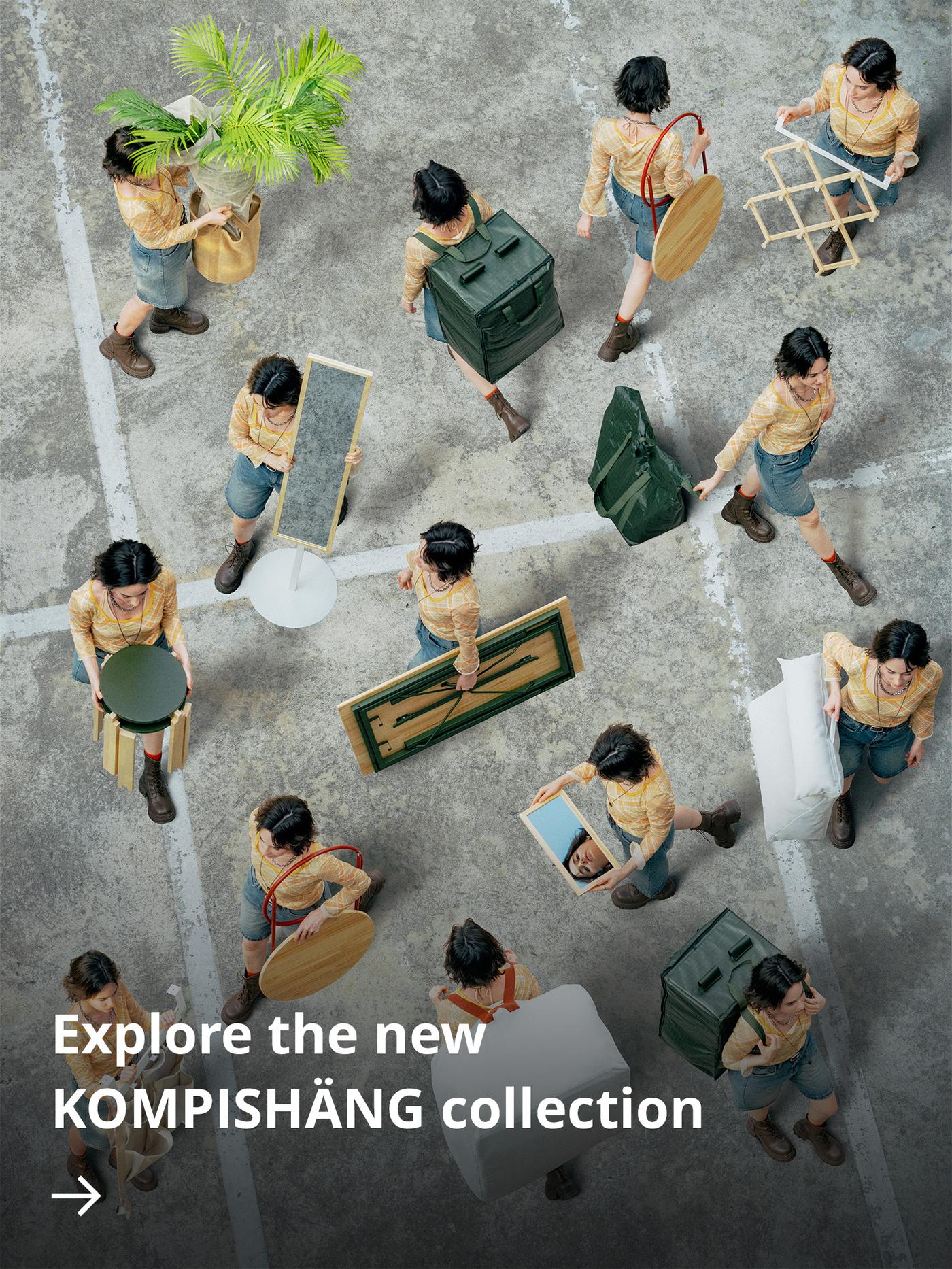 Top view of a group of people walking in different directions while carrying items from the collection.