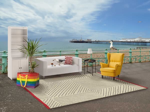 Top view of Brighton IKEA store with lovely outdoor setup with low pile rug, sofa a yellow arm chair