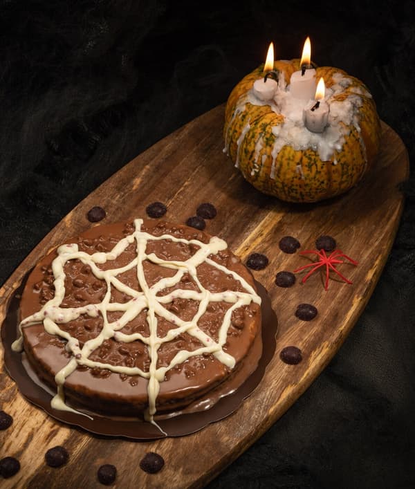 Torta de chocolate con decoración de tea de araña de chocolate branco.