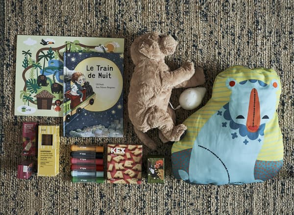 Toys, books and snacks arranged on a rug.