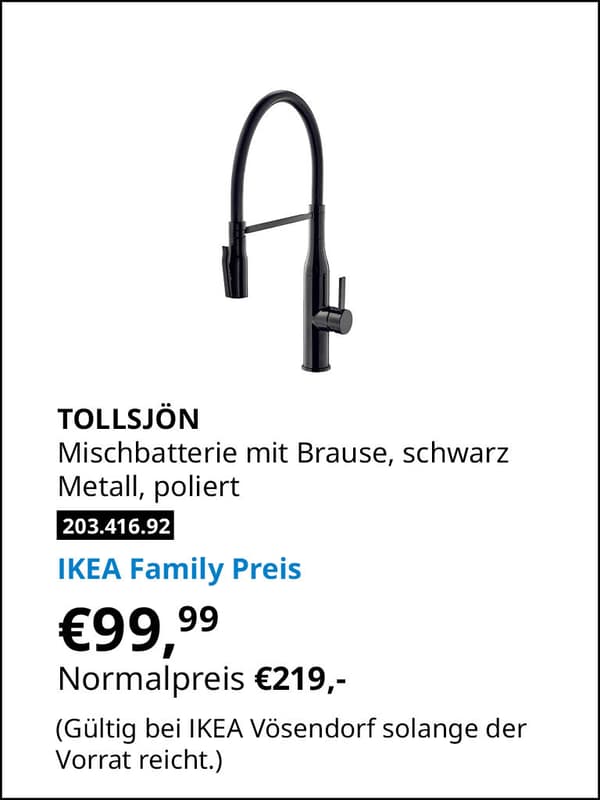 TPLLSJÖ Mischbatterie mit Braise schwarz, Metall poliert zum IKEA Family Preis von € 99,99 statt Normalpreis € 219,-