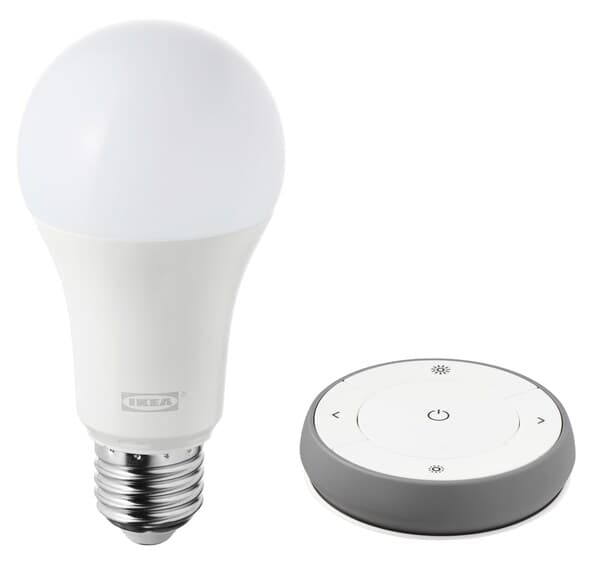 TRÅDFRI dimming kit white spectrum including an LED bulb and remote control.
