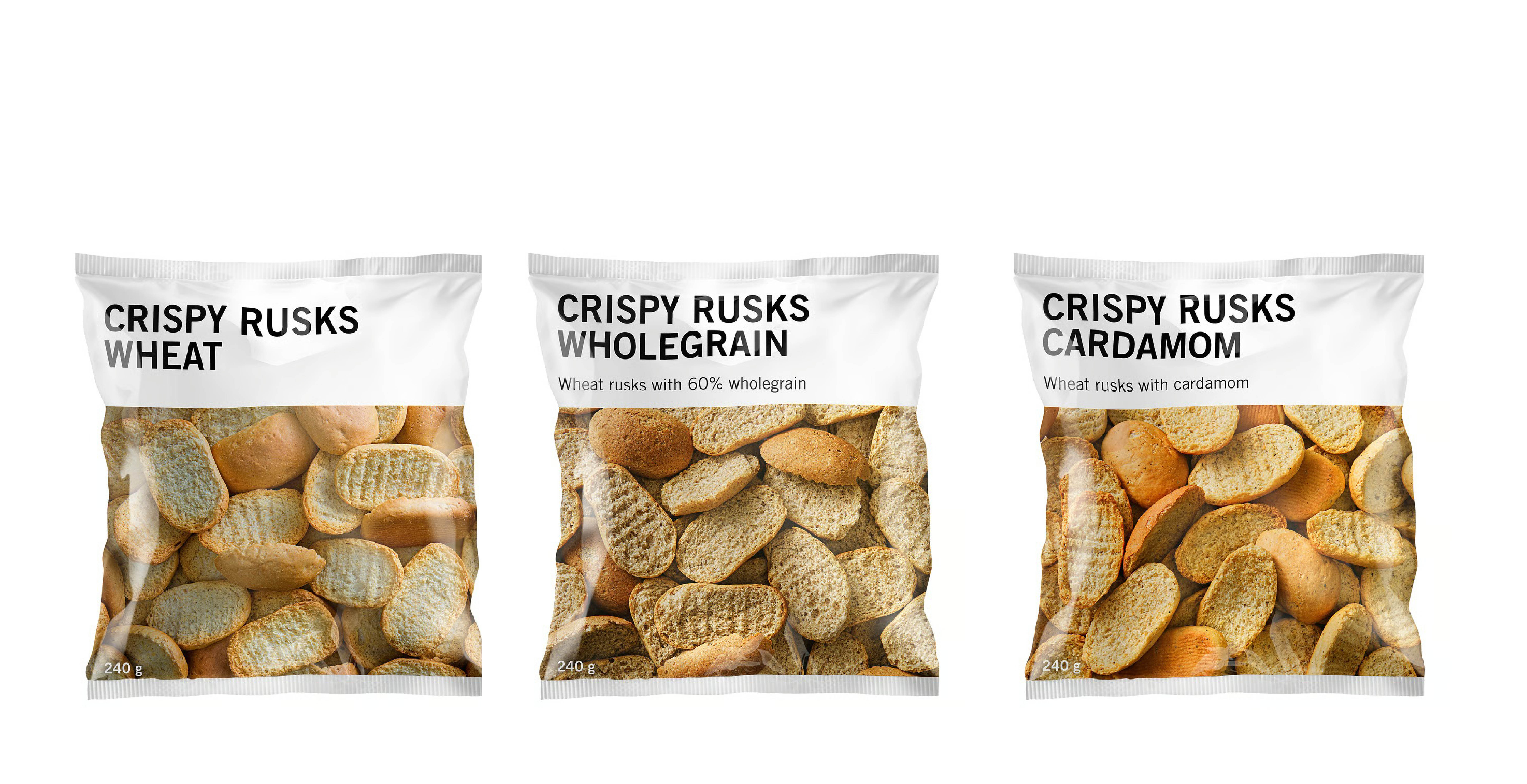 Tradiční švédské suchary CRISPY RUSKS, všechny pšeničné, jeden celozrzný a třetí s kardamom, balení 240 g
