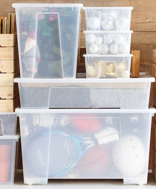 transparent boxes for storing Christmas decorations