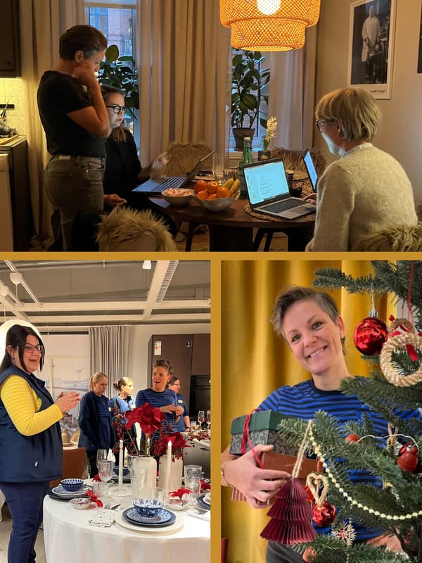 Tre billeder af IKEA Liveshopping på det ene står en liveshopping vært foran et pyntet juletrå, på det andet billede står tre IKEA medarbejdere rundt om et dækket julebord, på det sidste billede står en IKEA medarbejder og grubler ved siden af et bord mens en kvinde sidder ned og kigger på sin computerskærm de er igang med et liveshopping program.