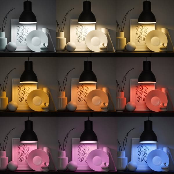 Tre mensole illuminate da 3 luci colorate tutte diverse. Sulle mensole ci sono diversi oggetti tra cui un piattino, una cornice e un vaso contenente rami.