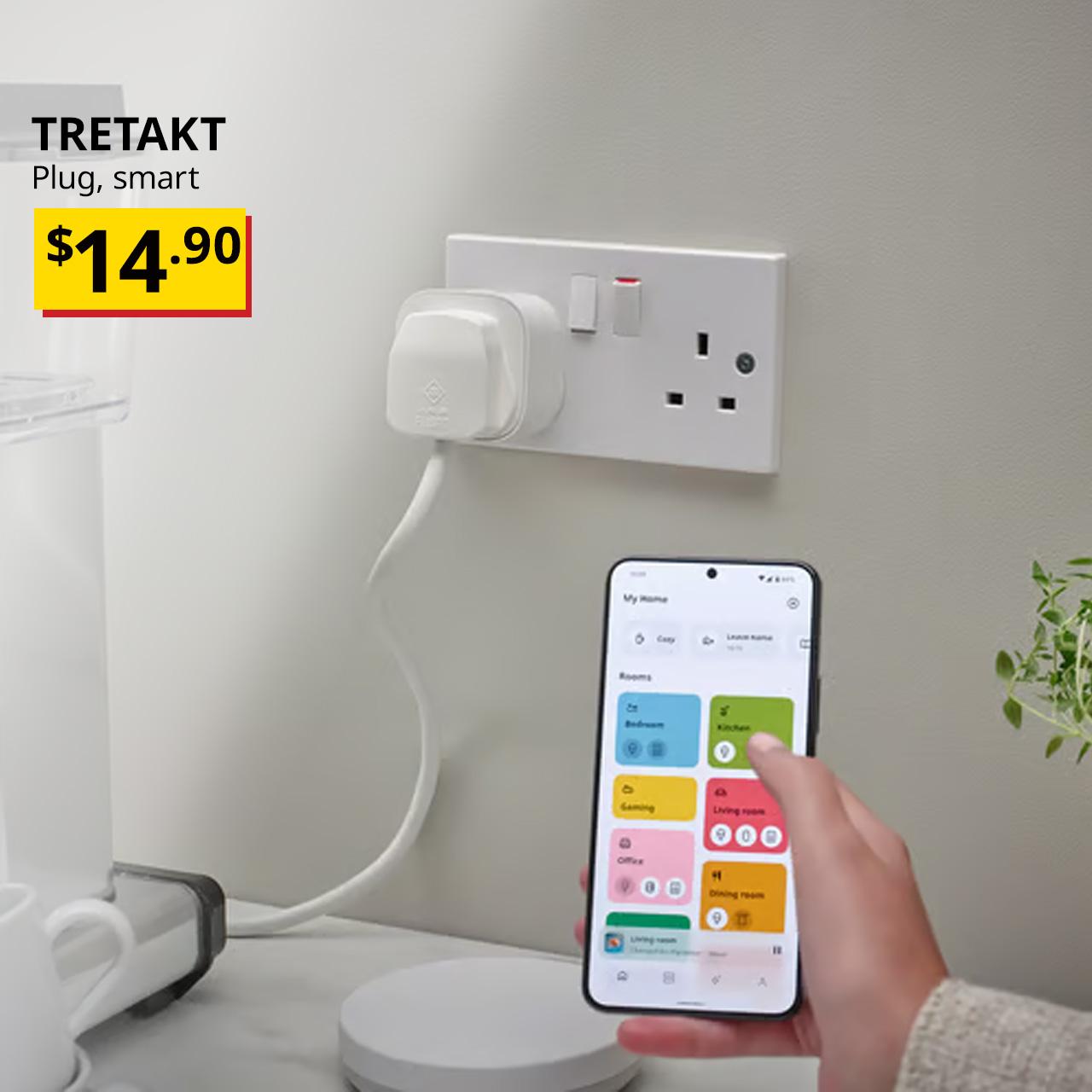 TRETAKT smart plug mounted on wall. $14.90