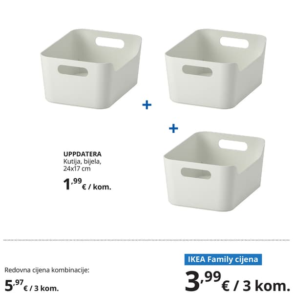 Tri bijele UPPDATERA kutije za odlaganje s ručkama, prikazane kao praktično rješenje za organiziranje kuhinjskih predmeta. Ispod proizvoda prikazane su redovna i IKEA Family cijena.
