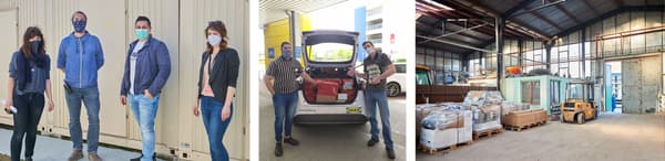 Tri obrázky: 1. zľava ukazuje skupinu ľudí v maskách pred kontajnerovými domami pre ľudí bez domova v Bratislave, ktoré su zariadené nábytkom IKEA, 2. zamestnanci  IKEA nakladajú do auta výrobky na pomoc ľuďom v núdzi, 3. tovar v sklade IKEA sa pripravuje na odvoz ľuďom bez domova.