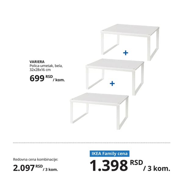 Tri veće bele VARIERA police-umetci 32x28x16cm, prikazane u setu. Naglašena ušteda u ceni pri kupovini paketa od tri komada. Ispod proizvoda su prikazane redovne i IKEA Family cene.