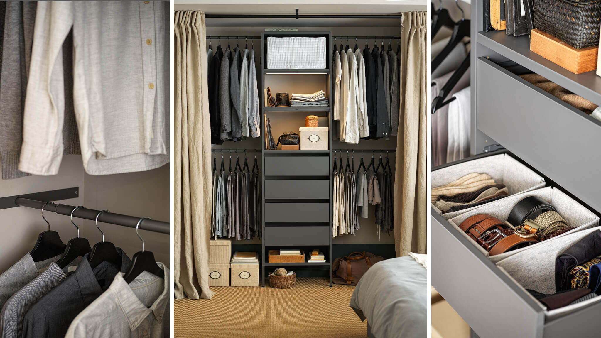 Triptych image showing hanging dress shirts on the left, a complete closet with drawers, hanging clothes, and shoes in the center, and open drawers with belts on the right. 