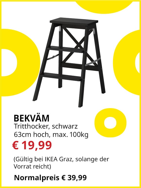 Tritthocker Bekväm, 63cm hoch, max. 100 kg, schwarz, statt € 39,99 um € 19,99.