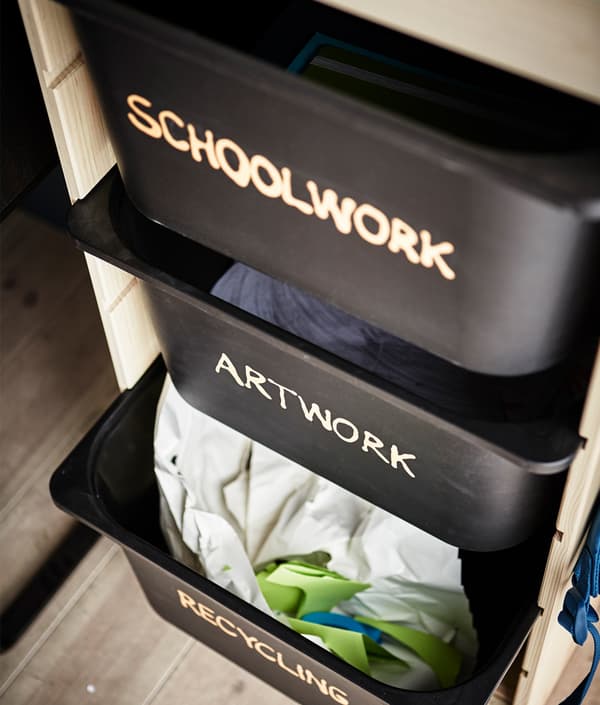 TROFAST boxes are labeled and store schoolwork, artwork and recycling.