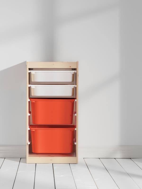 Trofast storage combination with two large orange boxes and two small white boxes