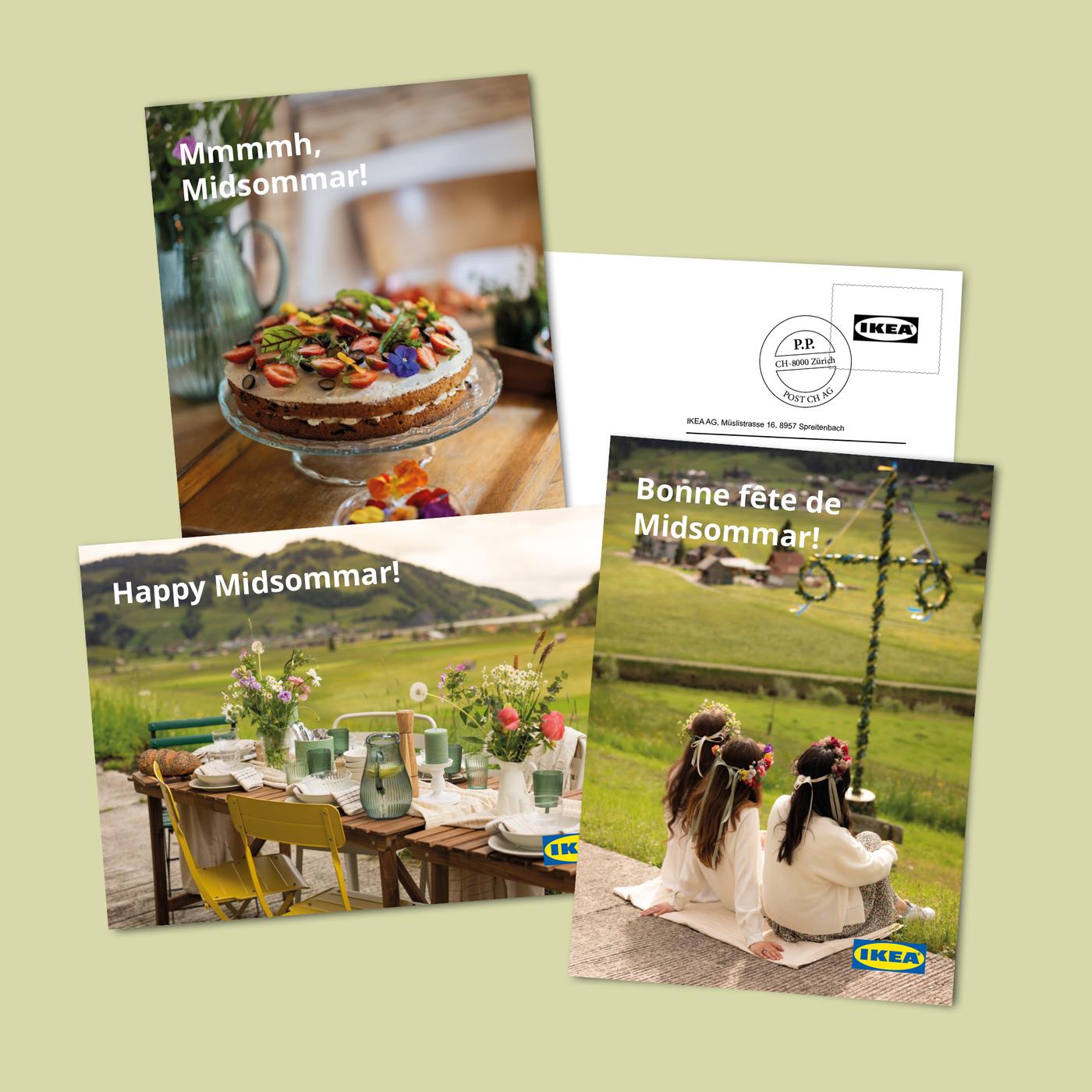 Trois cartes postales IKEA Family Midsommar sur fond vert.