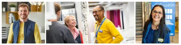 Trois collaborateurs IKEA dans un magasin : un portrait individuel à gauche, une scène d’échange avec des clients au centre et un portrait individuel à droite.