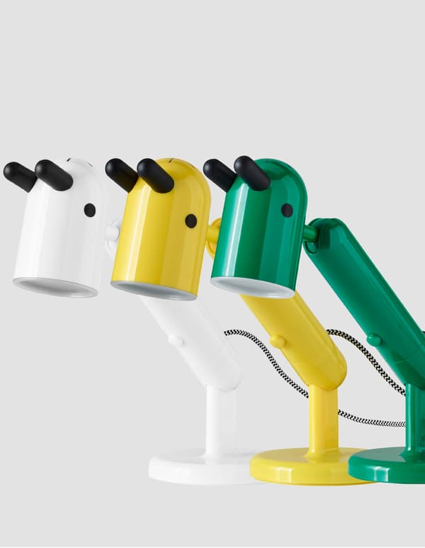 Trois lampes KRUX en blanc, jaune et vert.