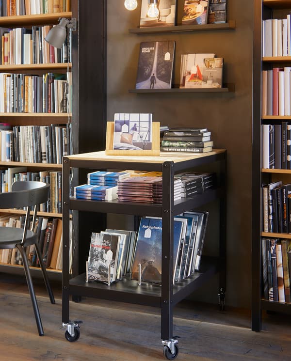 Trolley on castors with two shelves filled with books, shown in a space between two large bookcases against a brown wall.