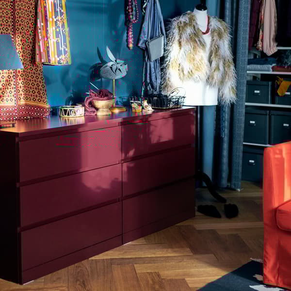 Try the stylish IKEA MALM dark red chest of three drawers for storing stuff you don’t want to show off.