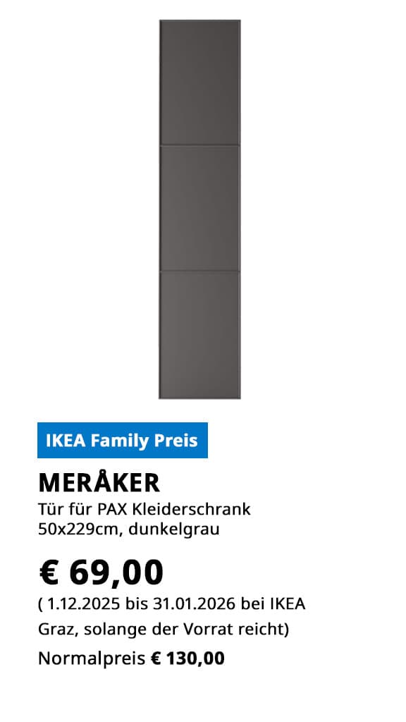 Tür Meråker, 50x229cm, in dunkelgrau, passend für das Pax Kleiderschrank System, statt € 130 zum IKEA Family Preis von € 69.