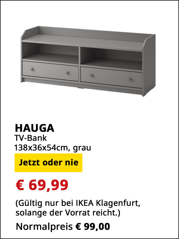TV-Bank Hauga, grau, 138x36x54cm, statt € 99 um € 69,99.